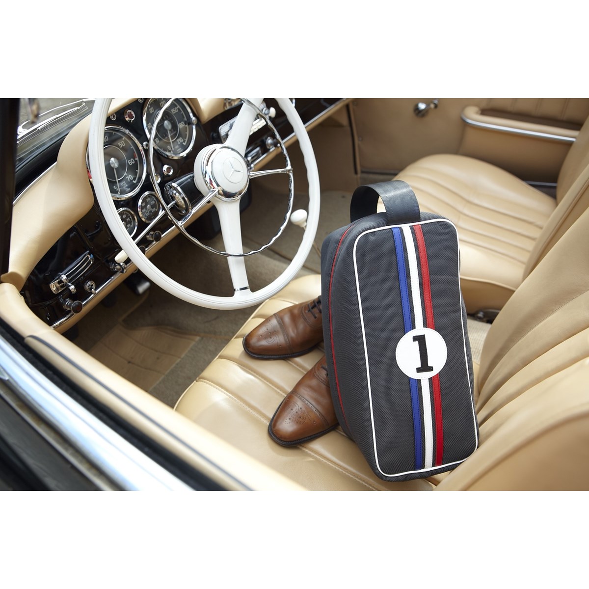 Sac à chaussures gris motif bleu blanc rouge -