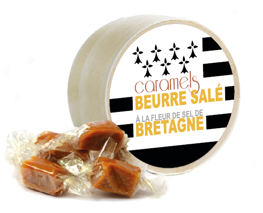 Boite ronde en bois avec caramels au beurre salé Ø 72 mm