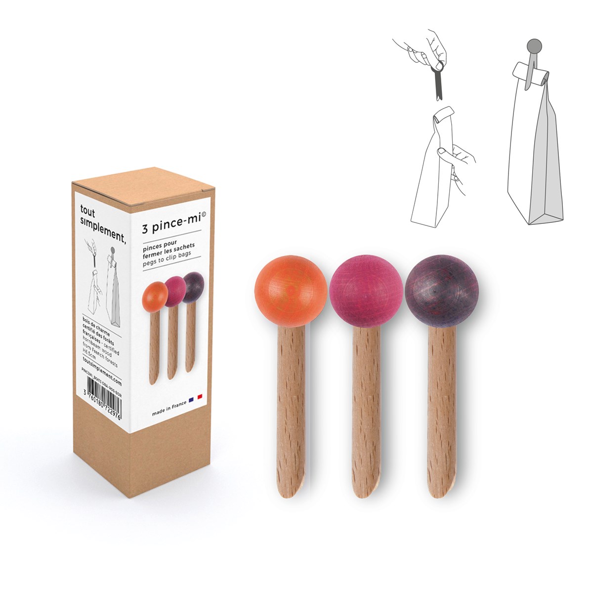 Lot de 3 Pinces à sachets made in France en bois - Pince mi - 4