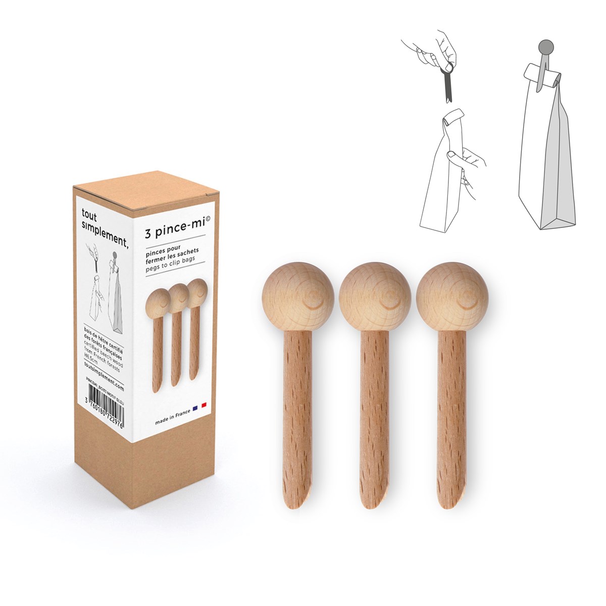 Lot de 3 Pinces à sachets made in France en bois - Pince mi - 5