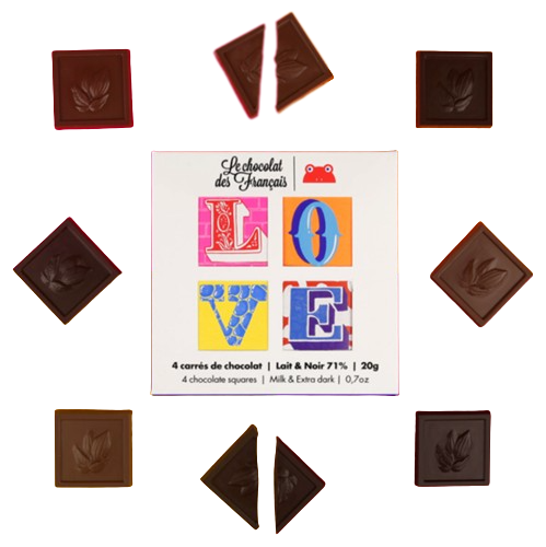 Coffret de 4 carrés de chocolat noir et au lait bio