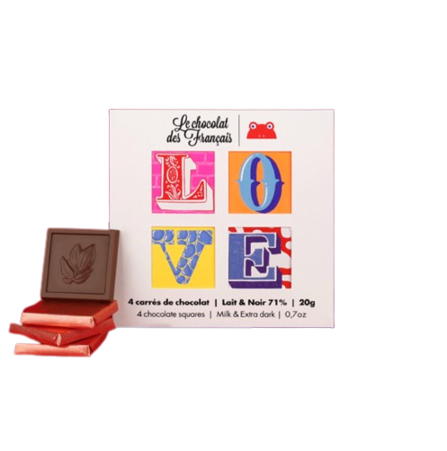 Coffret de 9 carrés de chocolat noir 71%, lait 41% et noir sel bio