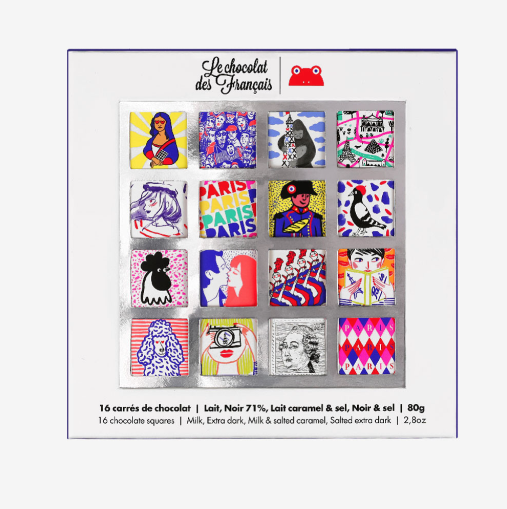 Coffret de 16 carrés de chocolat noir 71%, lait caramel et noir et sel bio