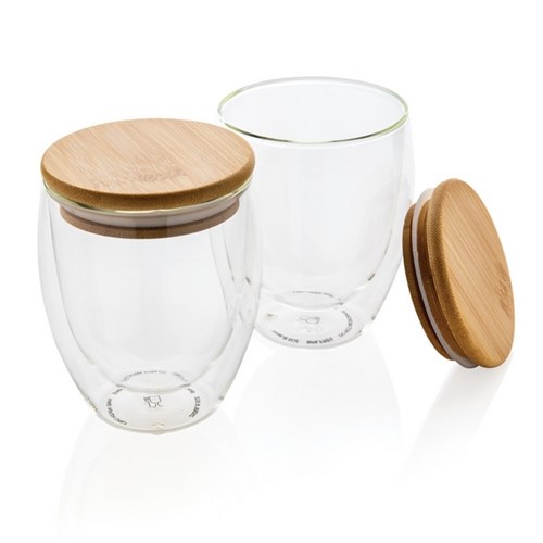 Set de 2 verres double paroi 250ml avec couvercle en bambou