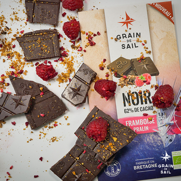 Tablette de chocolat noir bio - Framboise et Pralin -