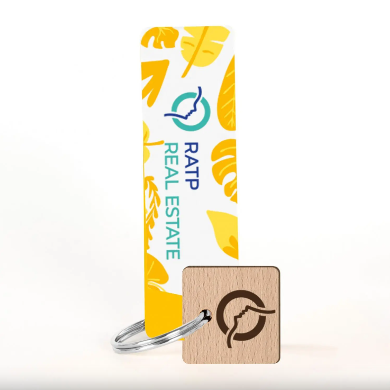 Porte-clés carré avec anneau en bois  - 2