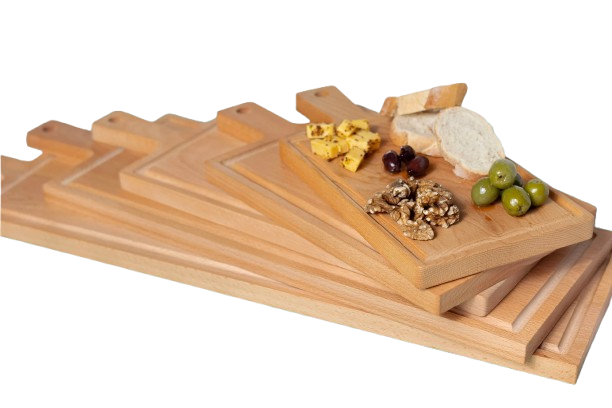 Planches rectangulaires en bois d'hêtre avec poignée en cuir
