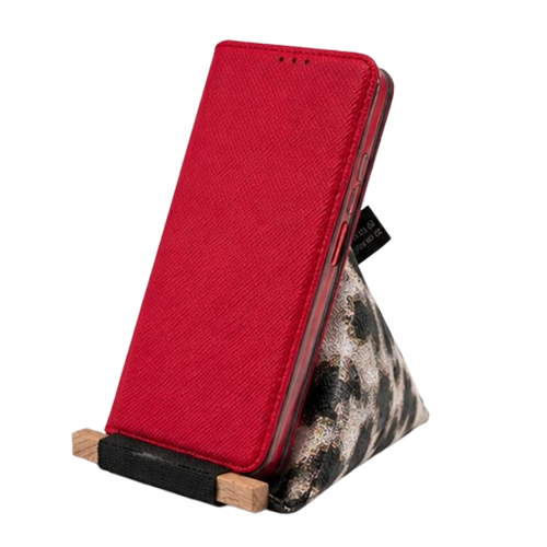 Support de téléphone en bois de réemploi et bâche upcyclée, fait dans un chantier d'insertion