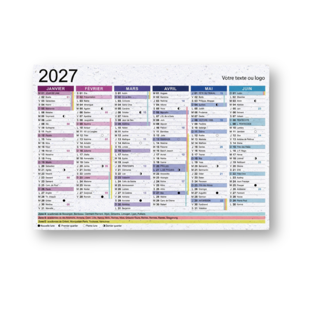 Calendrier simple en papier ensemencé fabriqué en France